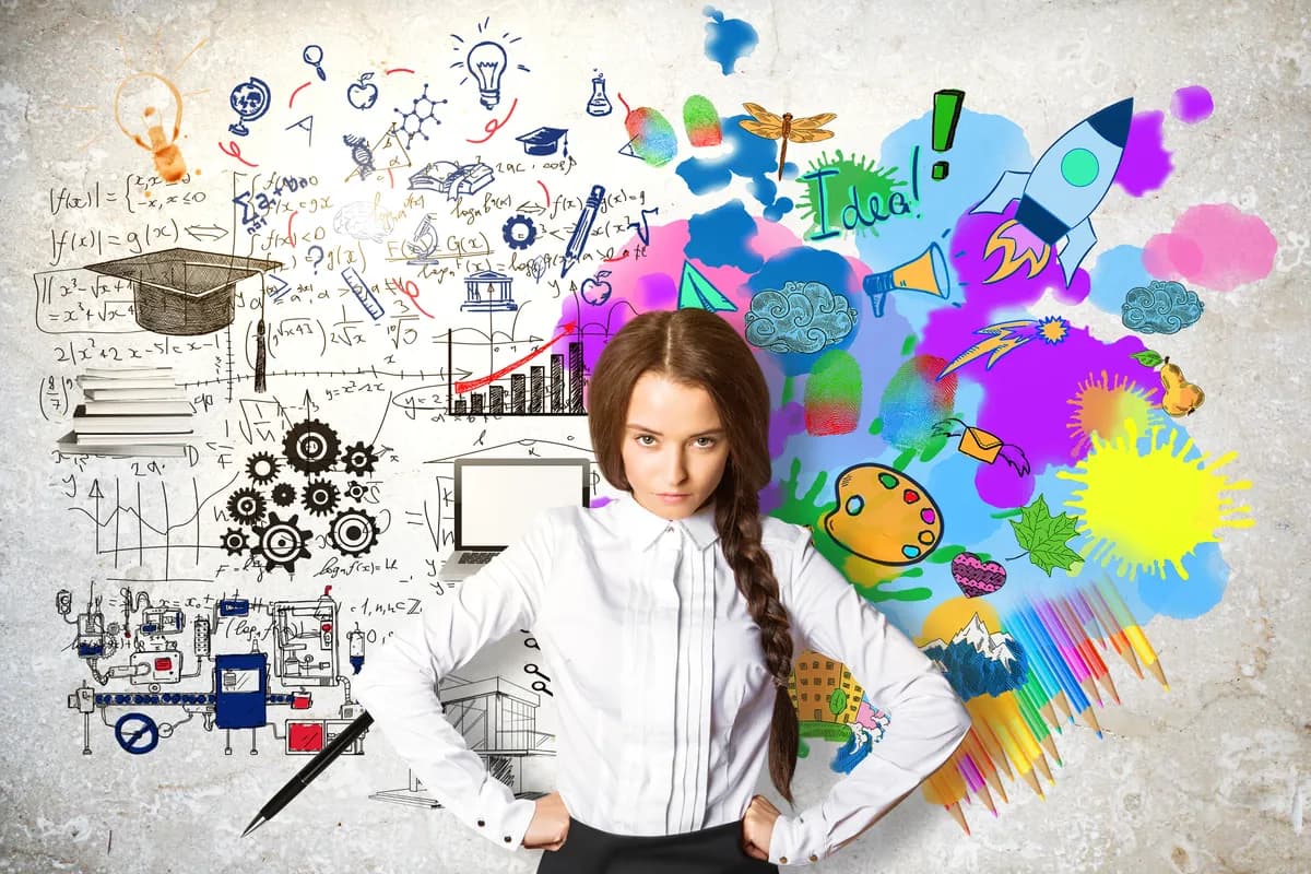 A professional standing between formulas and colourful ideas — logic meets creativity