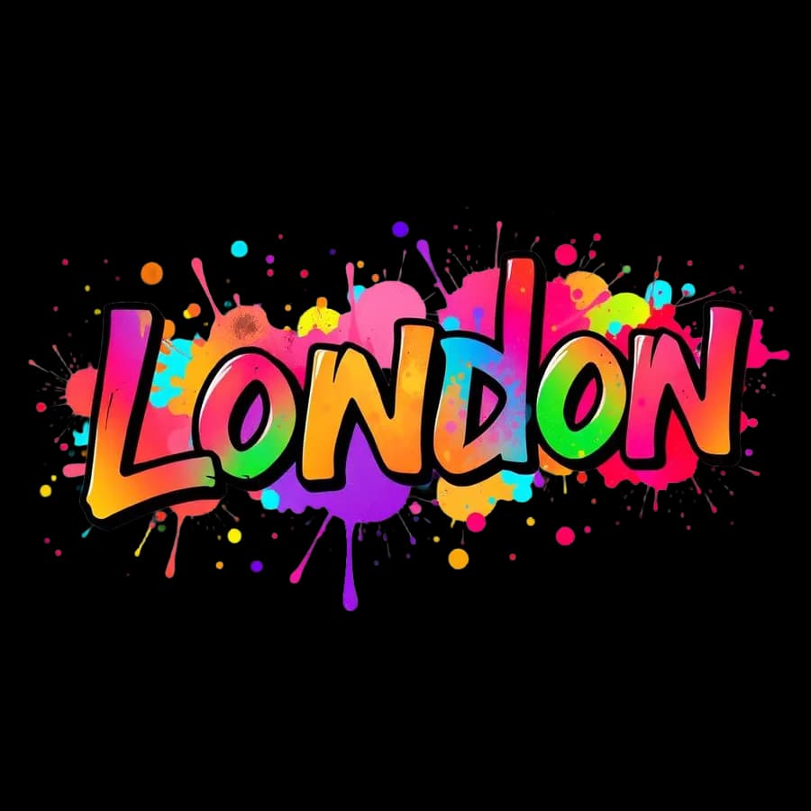 The word London in colourful graffiti-style lettering